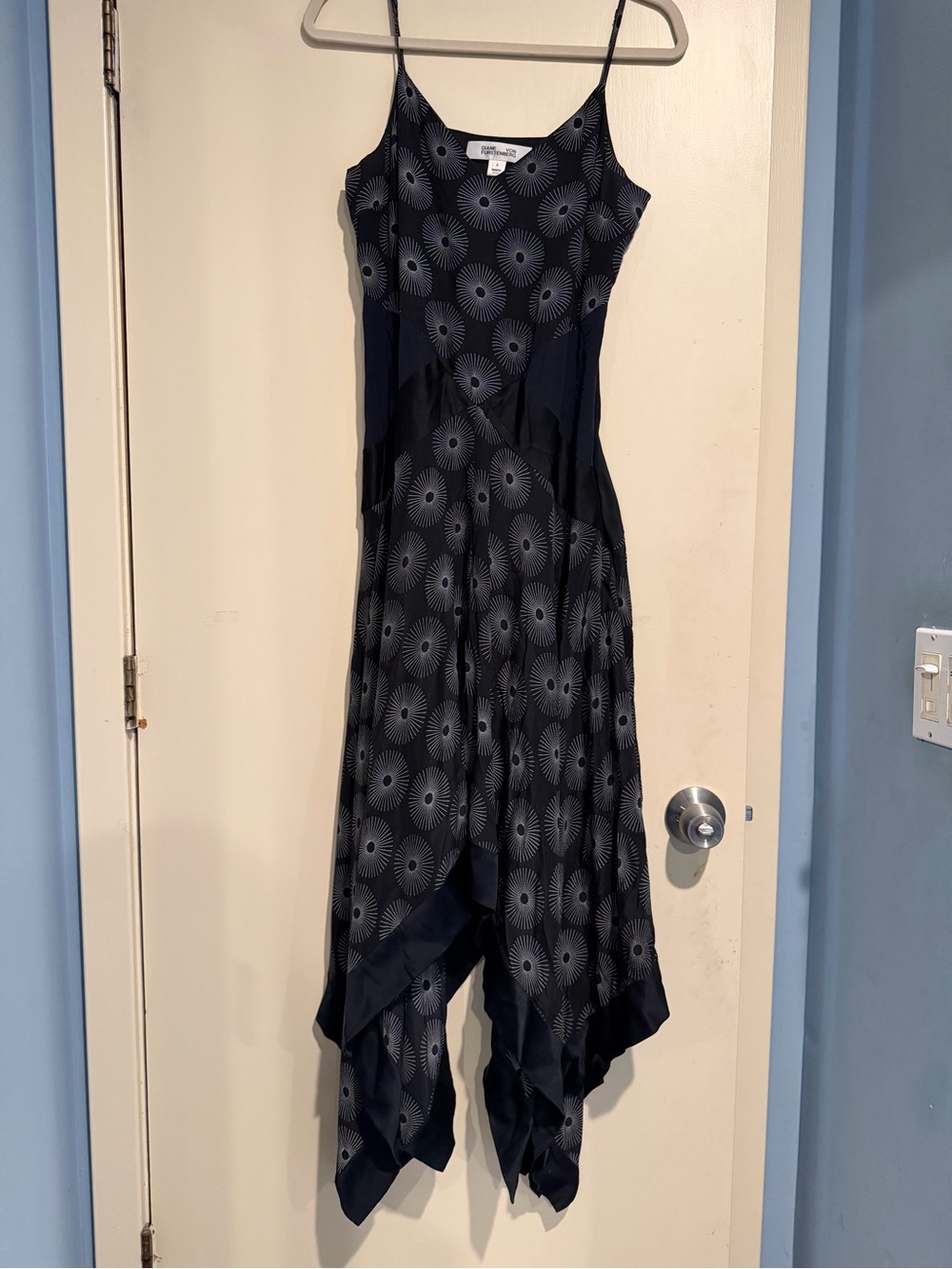 Navy Printed Spaghetti-Strap Handkerchief Hem Dress